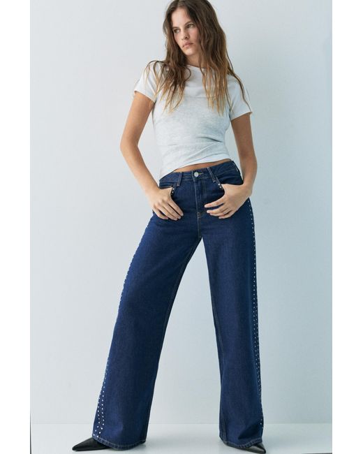 Pull&Bear Blue Wide-Leg Stud Jeans
