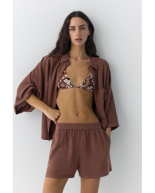 Pull&Bear Brown Linen Blend Shorts