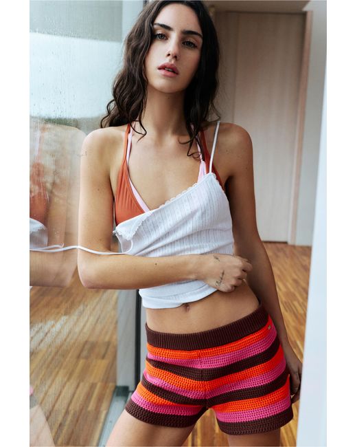 Pull&Bear Gestreept Crochet Short in het Red