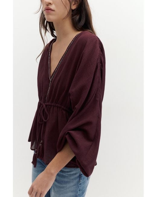 Pull&Bear Multicolor Beaded Tie Blouse