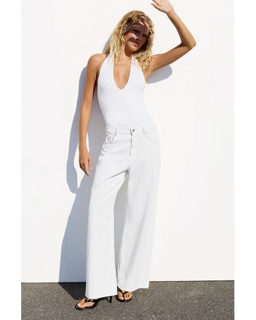 Pull&Bear White Rhinestone Halter Bodysuit