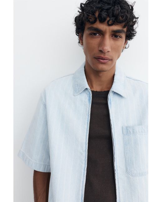Pull&Bear White Zip-Up Denim Shirt for men