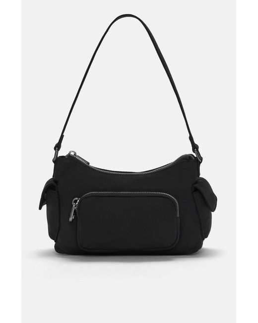 Pull&Bear Black Nylon-Effect Shoulder Bag With Pockets