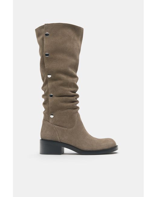 Pull&Bear Green Studded Tall Leather Boots