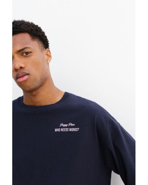 Pull&Bear Blue Relaxed Fit Preppy Place Graphic T-Shirt for men
