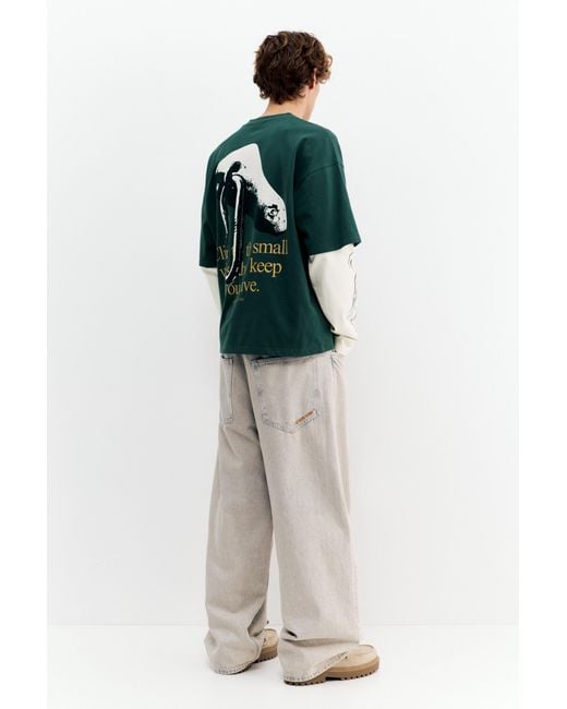 Pull&Bear Green Double Sleeve Graphic T-Shirt for men