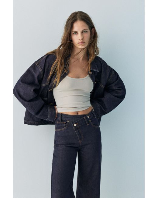 Pull&Bear Blue Wide Leg Jeans With Crossover Waistband
