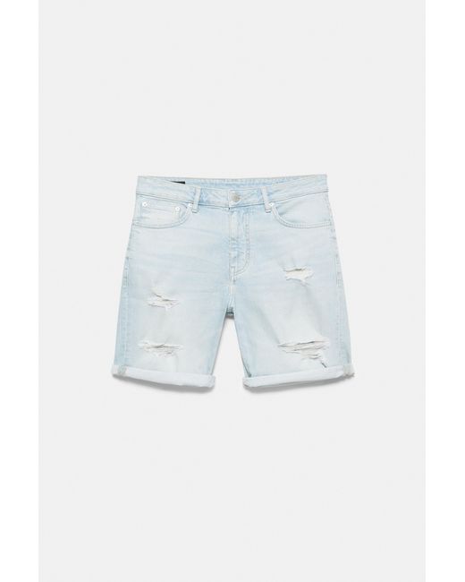 Pull&Bear Blue Ripped Denim Bermuda Shorts for men