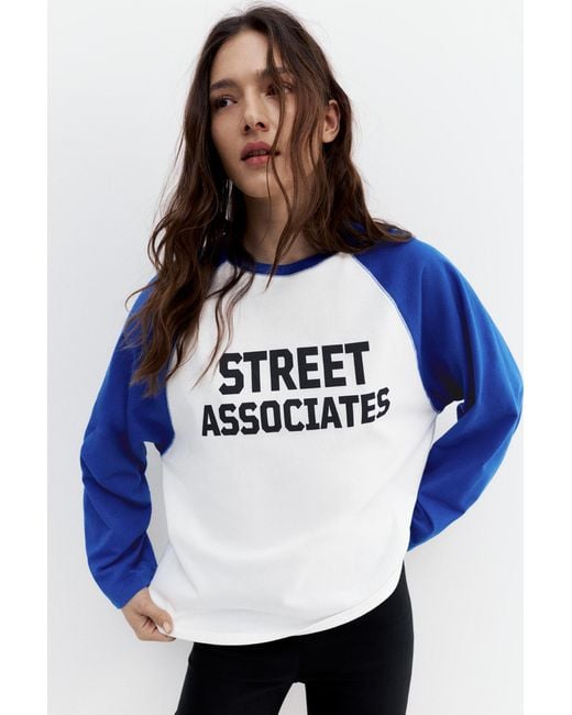Pull&Bear Blue Long-Sleeve Raglan T-Shirt With Graphic