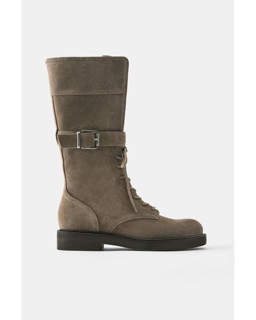 Pull&Bear Gray Lace-Up Leather Flat Boots