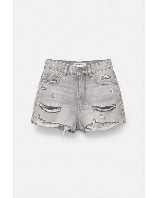 Pull&Bear Gray Denim Shorts With Frayed Hems