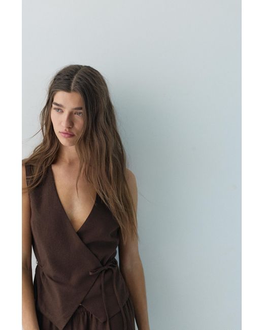 Pull&Bear Brown Rustic Linen-Blend Waistcoat