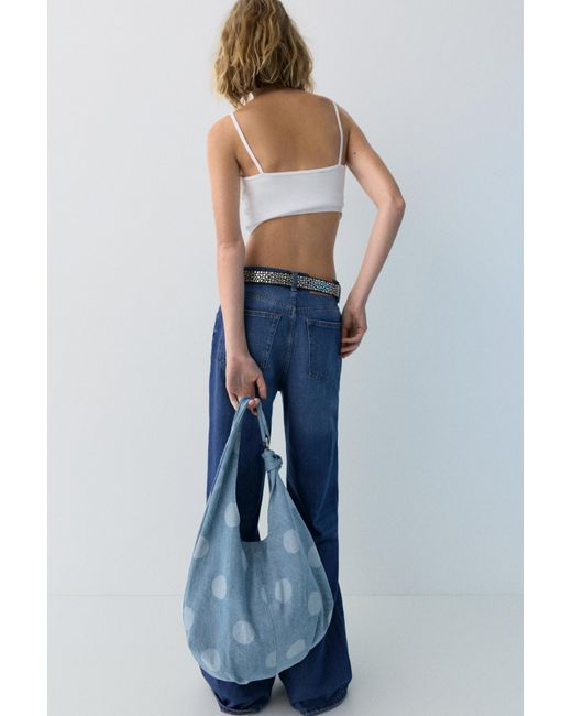 Pull&Bear Blue Denim Polka Dot Tote Bag