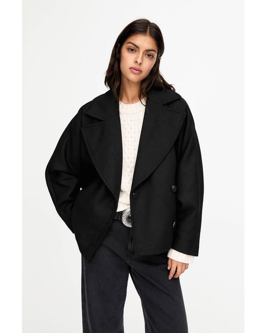 Pull&Bear Black Cropped Felt Texture Coat