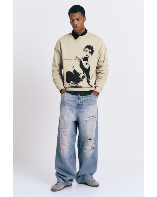 Pull&Bear Blue Graphic Round Neck Sweatshirt for men