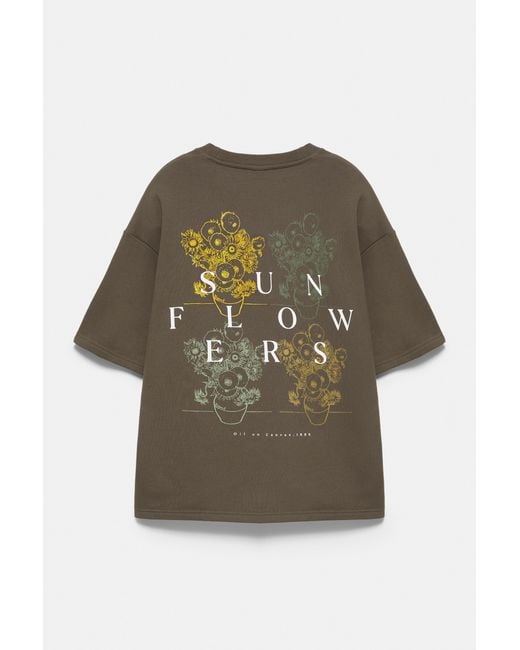 Pull&Bear Green Sunflowers Van Gogh Short Sleeve Sweatshirt for men