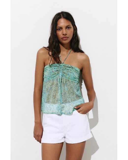 Pull&Bear Blue Ruched Beaded Top