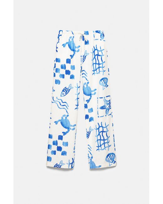 Pull&Bear Blue Flowing Marine Print Trousers