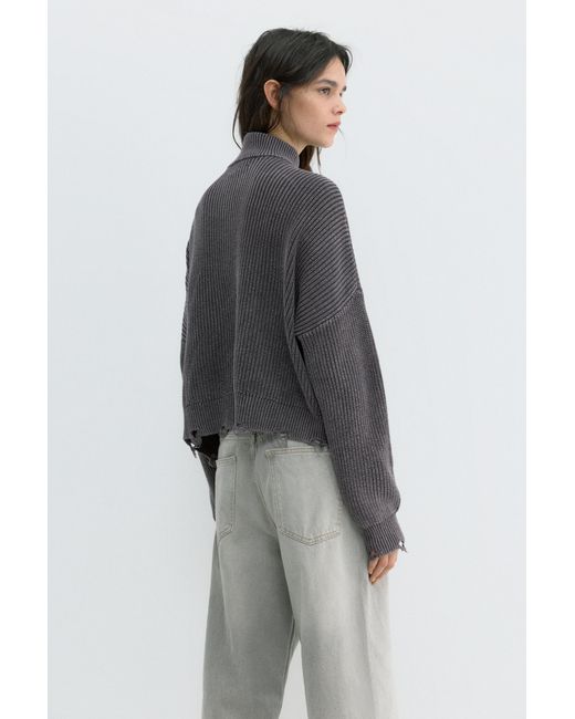 Pull&Bear Gray Zip-Up Ripped Cardigan