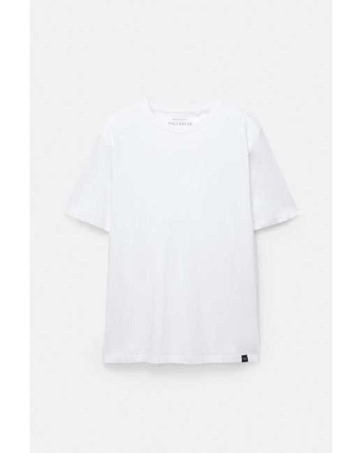 Pull&Bear White Basic Short Sleeve Cotton T-Shirt for men