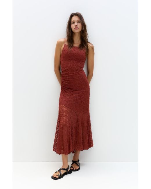 Pull&Bear Red Lace-Trimmed Midi Dress