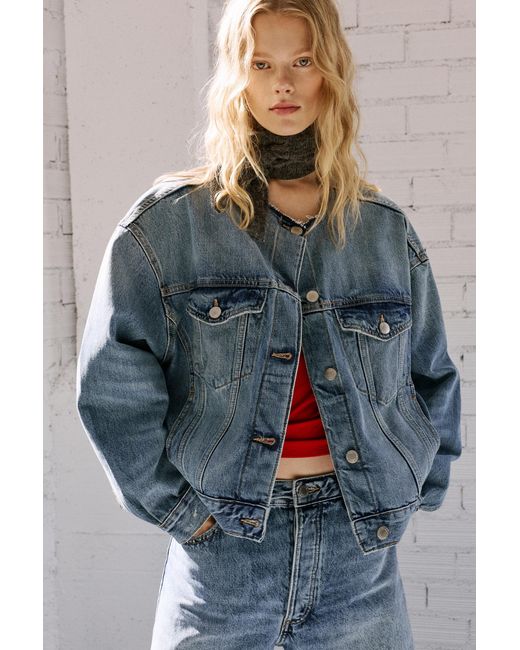 Pull&Bear Blue Collarless Denim Jacket