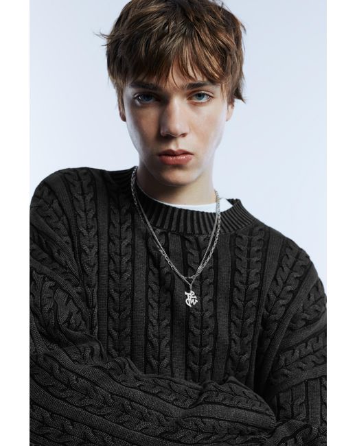 Pull&Bear Black Acid Wash Cable-Knit Sweater for men