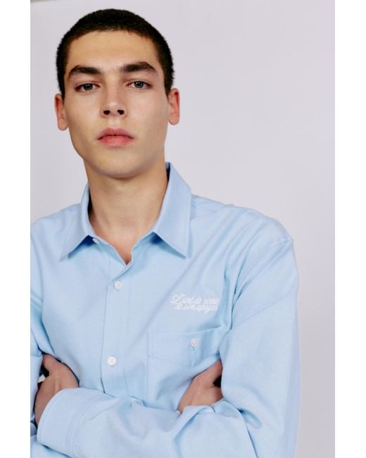 Pull&Bear Blue Embroidered Long Sleeve Shirt for men