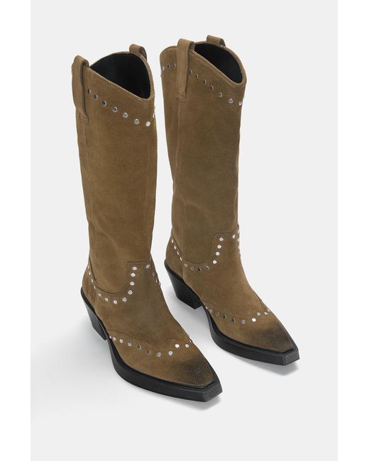Pull&Bear Brown Studded Leather Cowboy Boots