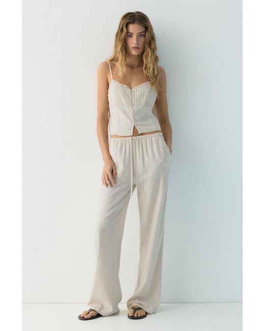 Pull&Bear White Linen Blend Jogger Trousers