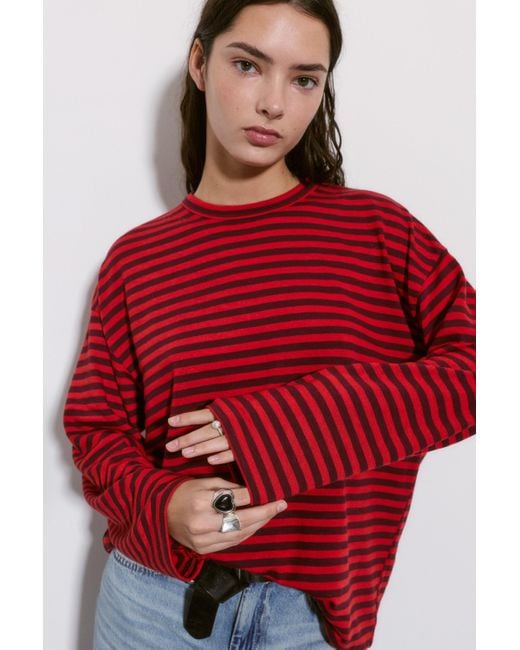 Pull&Bear Red Long Sleeve Striped T-Shirt