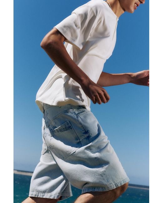 Pull&Bear Blue Embroidered Baggy Denim Bermuda Shorts for men