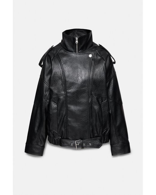 Pull&Bear Black Leather Effect High Neck Jacket