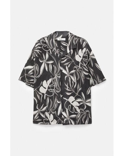 Pull&Bear Schwarzes Kurzarmhemd Mit Blätterprint in Blue für Herren