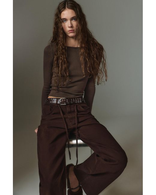 Pull&Bear Brown Long Sleeve Boat Neck T-Shirt