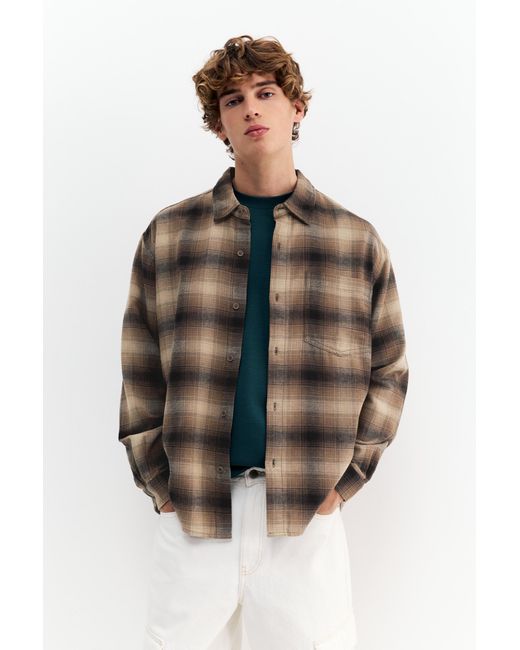 Pull&Bear Brown Long Sleeve Check Shirt for men