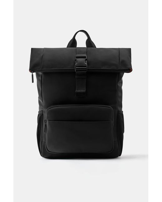 Pull&Bear Black Rubberised Flap Backpack for men