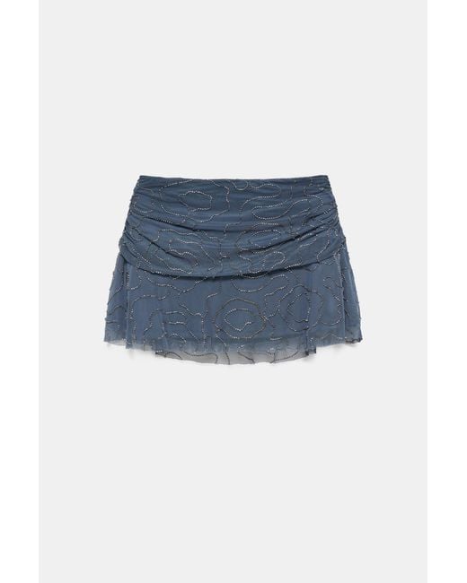 Pull&Bear Blue Beaded Tulle Mini Skirt