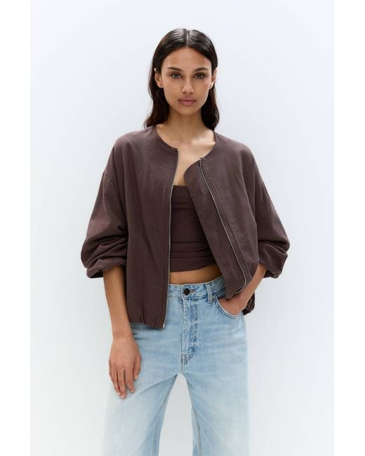 Pull&Bear Brown Linen Blend Bomber Jacket