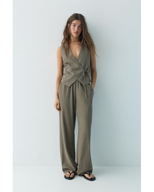 Pull&Bear Green Rustic Linen-Blend Waistcoat