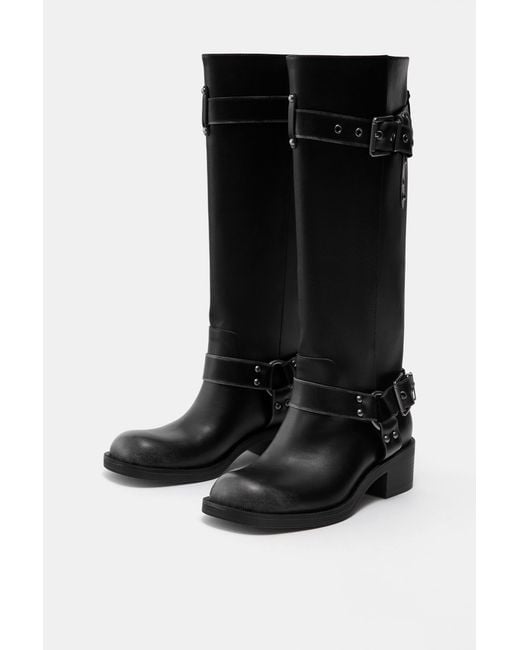 Pull&Bear Black Tall Distressed Biker Boots