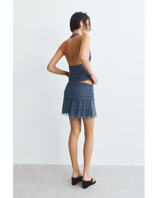 Pull&Bear Blue Beaded Tulle Halter Top