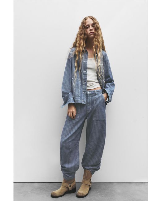 Pull&Bear Blue Striped Balloon Jeans