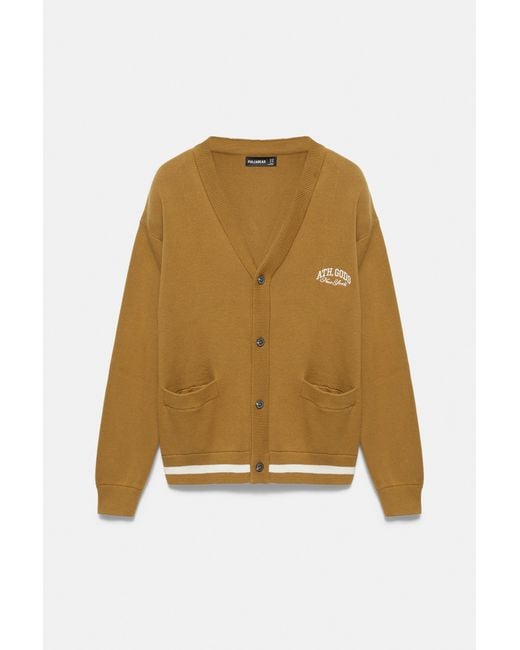 Pull&Bear Natural Embroidered Varsity Cardigan for men