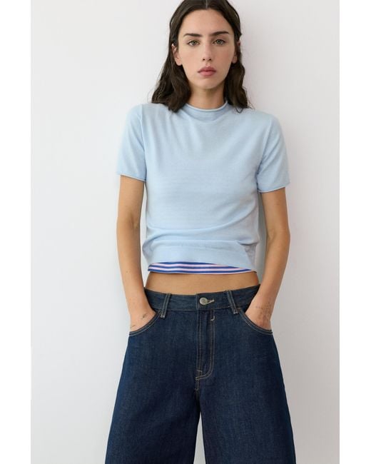 Pull&Bear Blue Fitted Short Sleeve Jumper