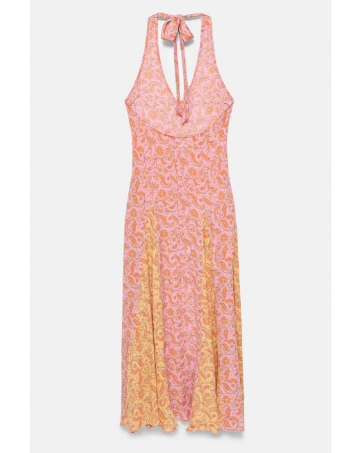 Pull&Bear Orange Printed Halter Midi Dress