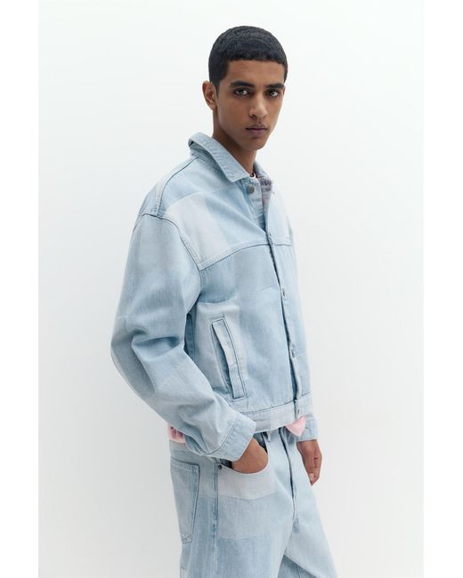 Pull&Bear Blue Patchwork Check Denim Jacket for men