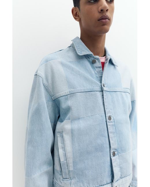 Pull&Bear Blue Patchwork Check Denim Jacket for men