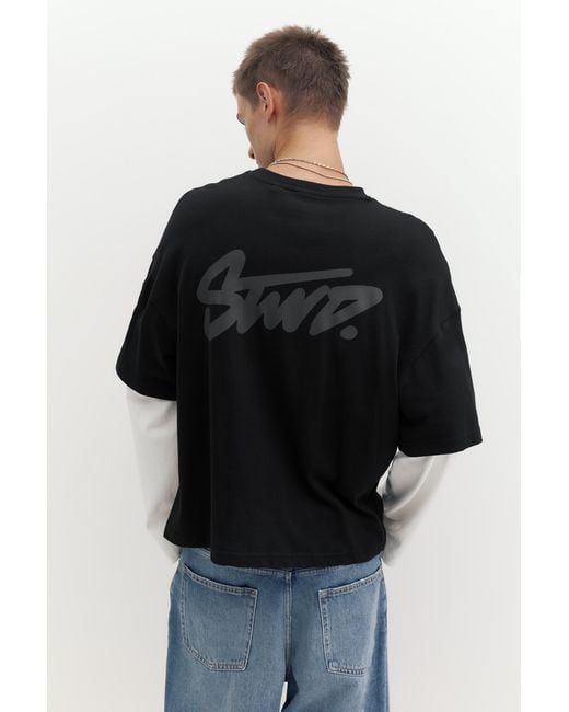 Pull&Bear Black Stwd Double Sleeve T-Shirt for men