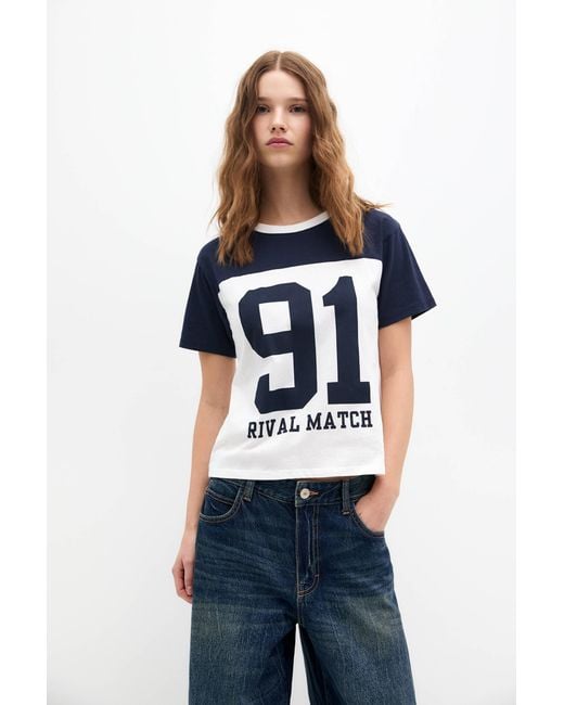 Pull&Bear Blue Printed Cotton T-Shirt